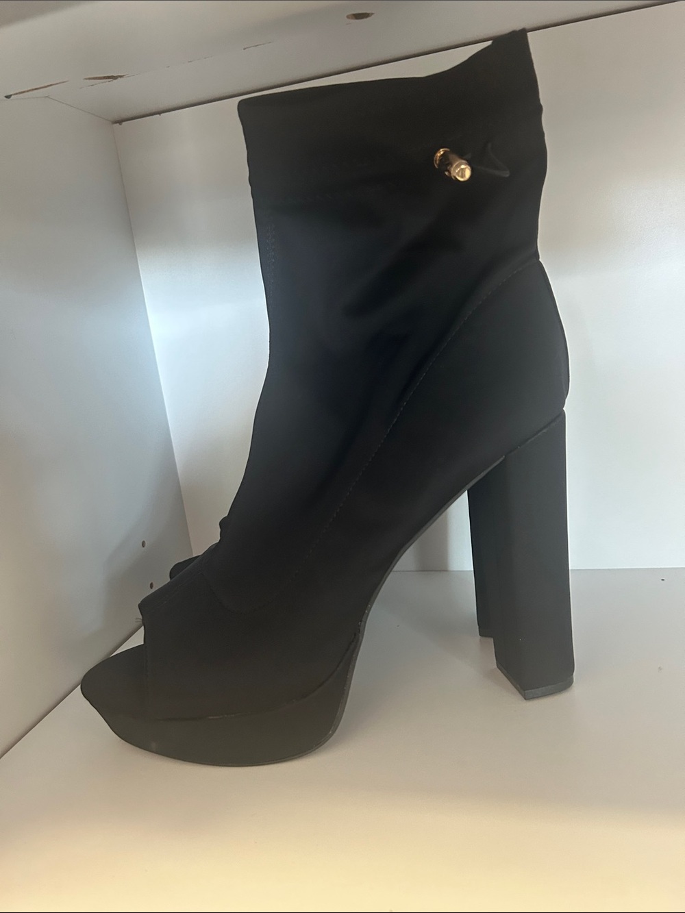 Hot Tomato Black Peep-Toe Sock Boot with Block Heel and Gold Accent